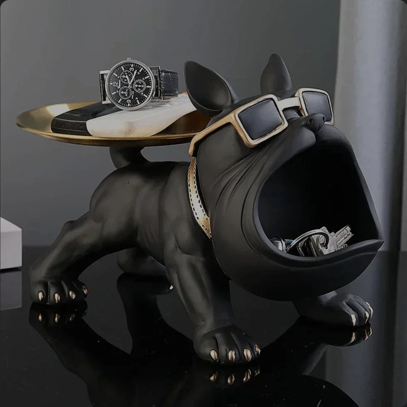 Escultura Decorativa de Cachorro Bulldog com Bandeja